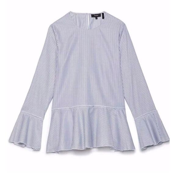 Theory Lexanda Mason White Blue Striped Long Bell Sleeve Peplum Blouse Top Sz XS - Picture 4 of 9